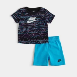Infant Nike New Wave Allover Print T-Shirt And Shorts Set Black/Aqua - 66K513 F85