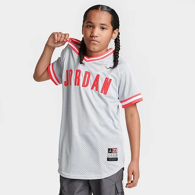 Nike Kids' Jordan V-Neck Baseball Jersey Grey/Red - 954893 G3A 1 Nike Kids' Jordan V-Neck Baseball Jersey Grey/Red - 954893 G3A