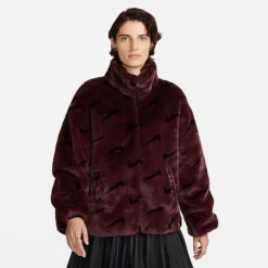 Womens Nike Sportswear Plush Fur All-over Print Jacket Burgundy Crush/Black/Black - DQ6842 652