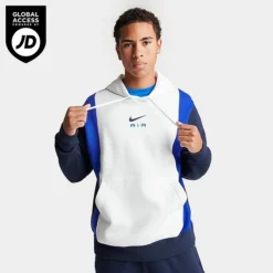 Men's Nike Air Retro Swoosh Fleece Pullover Hoodie Summit White/Obsidian/Game Royal - FN7691 122