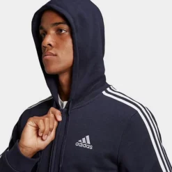 Men's Adidas Essentials Fleece 3-Stripes Full Zip Hoodie Ink - GK9053 408 -Sports Fashion GK9053 408 M5