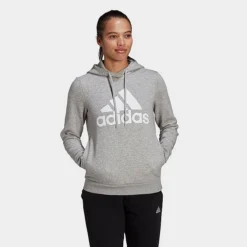 Women's Adidas LOUNGEWEAR Essentials Logo Fleece Hoodie Medium Grey Heather/White - GL0719 035