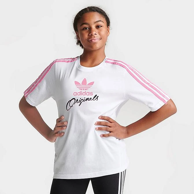 Girls' Adidas Originals Trefoil Script T-Shirt White/Pink/Black - IB3137 100 1 Girls' Adidas Originals Trefoil Script T-Shirt White/Pink/Black - IB3137 100