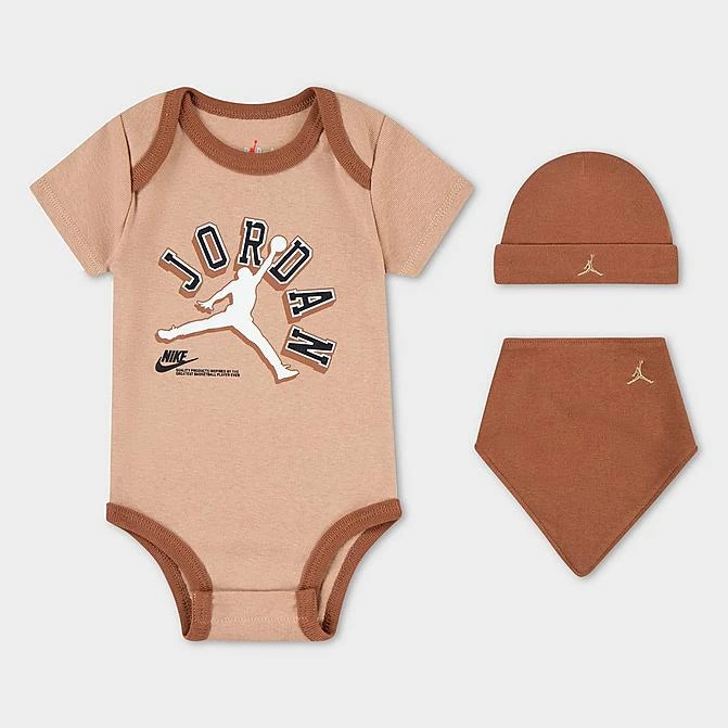 Nike Infant Jordan Varsity Logo Bodysuit, Hat And Bib Gift Box Set (3-Piece) Light Brown/Wheat - NJ0610 X0L 1 Nike Infant Jordan Varsity Logo Bodysuit, Hat And Bib Gift Box Set (3-Piece) Light Brown/Wheat - NJ0610 X0L