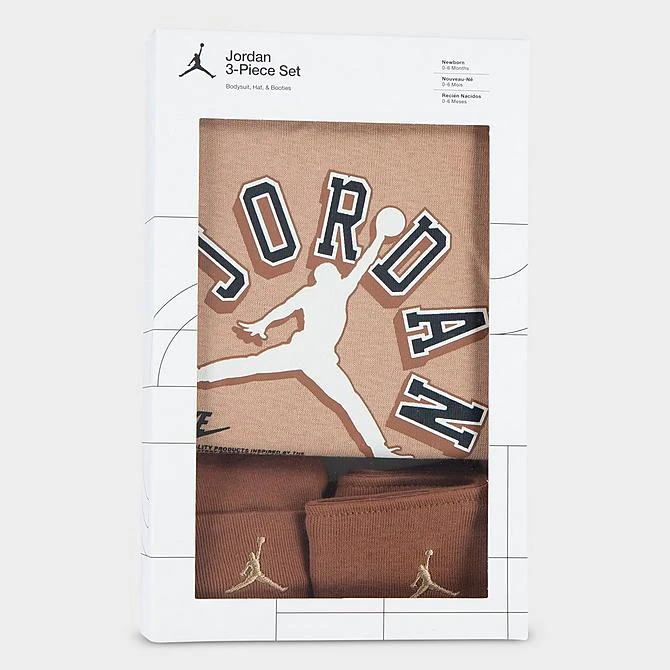 Nike Infant Jordan Varsity Logo Bodysuit, Hat And Bib Gift Box Set (3-Piece) Light Brown/Wheat - NJ0610 X0L 2 Nike Infant Jordan Varsity Logo Bodysuit, Hat And Bib Gift Box Set (3-Piece) Light Brown/Wheat - NJ0610 X0L - Image 2